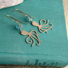 Load image into Gallery viewer, Octopus earrings with aqua blue and gold Czech glass beads , sea inspired dangle earrings
