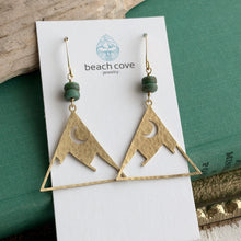 Load image into Gallery viewer, Triangular Mountains with moon dangle earrings in brass with Czech glass green beads
