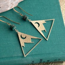 Load image into Gallery viewer, Triangular Mountains with moon dangle earrings in brass with Czech glass green beads
