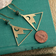 Load image into Gallery viewer, Triangular Mountains with moon dangle earrings in brass with Czech glass green beads
