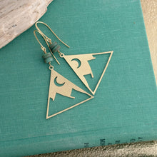 Load image into Gallery viewer, Triangular Mountains with moon dangle earrings in brass with Czech glass green beads
