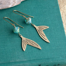 Load image into Gallery viewer, mermaid tail earrings with aqua blue green and gold Czech glass beads , sea inspired dangle earrings
