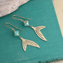 Load image into Gallery viewer, mermaid tail earrings with aqua blue green and gold Czech glass beads , sea inspired dangle earrings
