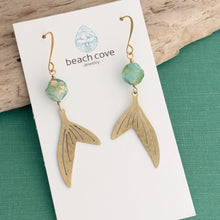 Load image into Gallery viewer, mermaid tail earrings with aqua blue green and gold Czech glass beads , sea inspired dangle earrings
