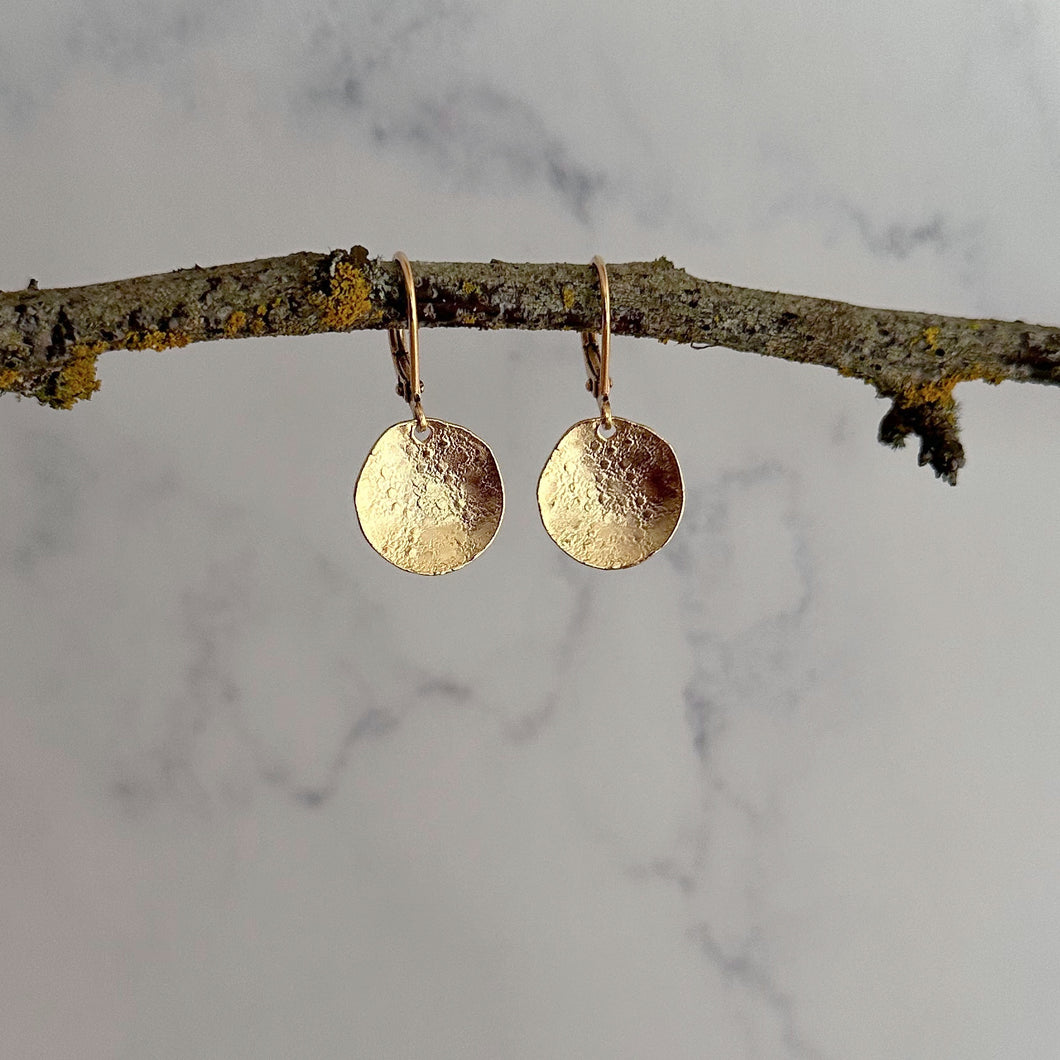 Gold cupped dangle disc earrings, simple boho lever back earrings