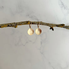 Load image into Gallery viewer, Gold cupped dangle disc earrings, simple boho lever back earrings
