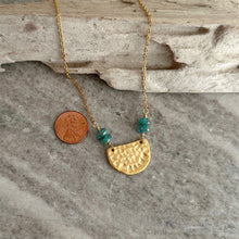 Load image into Gallery viewer, Gold textured half circle necklace with aqua and gold glass beads - stainless steel chain
