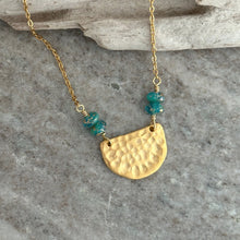 Load image into Gallery viewer, Gold textured half circle necklace with aqua and gold glass beads - stainless steel chain
