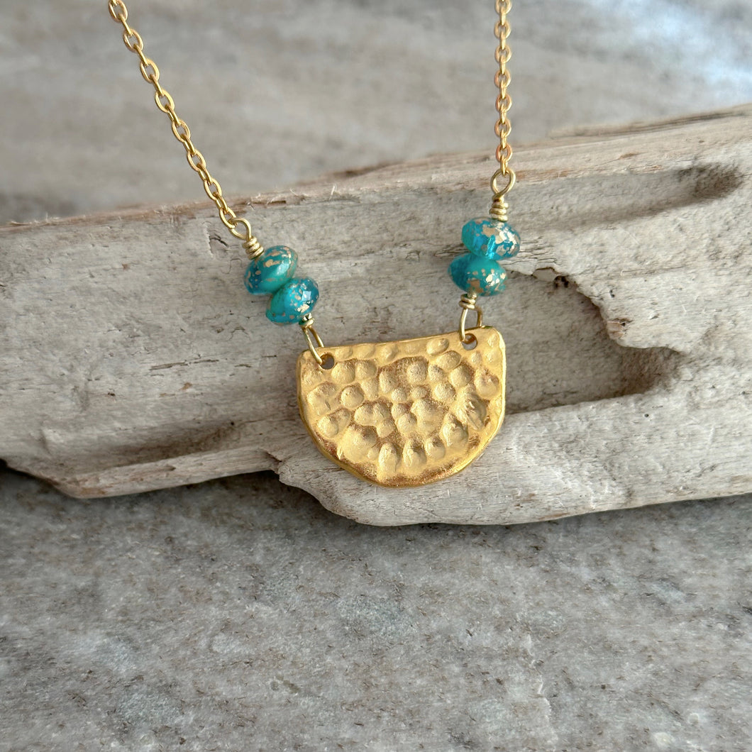 Gold textured half circle necklace with aqua and gold glass beads - stainless steel chain