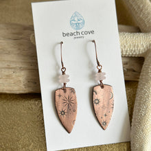 Load image into Gallery viewer, Copper celestial dangle earrings with pale lavender white Czech glass beads
