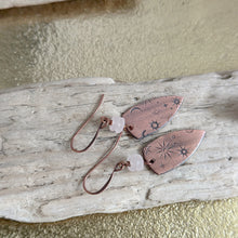 Load image into Gallery viewer, Copper celestial dangle earrings with pale lavender white Czech glass beads
