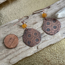 Load image into Gallery viewer, Copper Sunflower earrings with golden yellow Czech glass beads
