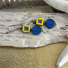 Load image into Gallery viewer, Yellow and Cobalt Blue nautical Czech glass brass earrings
