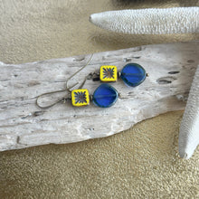 Load image into Gallery viewer, Yellow and Cobalt Blue nautical Czech glass brass earrings
