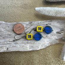 Load image into Gallery viewer, Yellow and Cobalt Blue nautical Czech glass brass earrings
