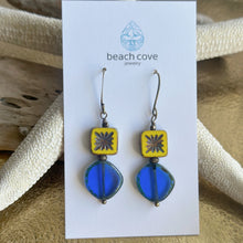 Load image into Gallery viewer, Yellow and Cobalt Blue nautical Czech glass brass earrings
