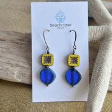 Load image into Gallery viewer, Yellow and Cobalt Blue nautical Czech glass brass earrings
