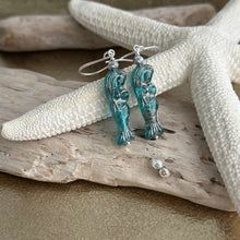 Load image into Gallery viewer, Teal Czech Glass Mermaid earrings with silver accents - Beach dangle earrings
