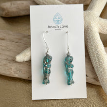 Load image into Gallery viewer, Teal Czech Glass Mermaid earrings with silver accents - Beach dangle earrings
