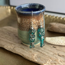 Load image into Gallery viewer, Teal Czech Glass Mermaid earrings with silver accents - Beach dangle earrings

