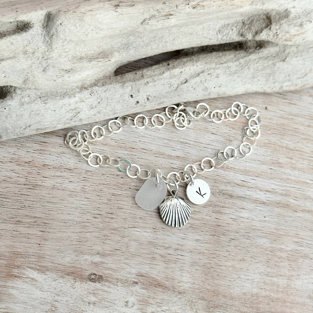 Sterling Silver Seashell Charm Bracelet - Genuine Sea Glass - Personalized with Hand Stamped Initial Charm - Large Link Sterling Chain