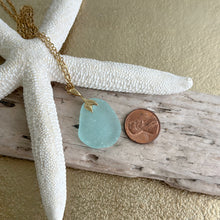 Load image into Gallery viewer, Aqua blue seafoam Sea glass pendant with gold brass mermaid tail bail and stainless steel chain
