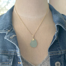 Load image into Gallery viewer, Aqua blue seafoam Sea glass pendant with gold brass mermaid tail bail and stainless steel chain
