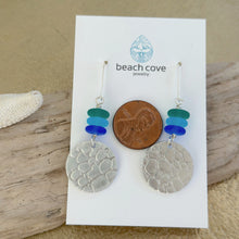 Load image into Gallery viewer, Silver circle dangle earrings with green, aqua and blue Czech glass beads - pebble texture

