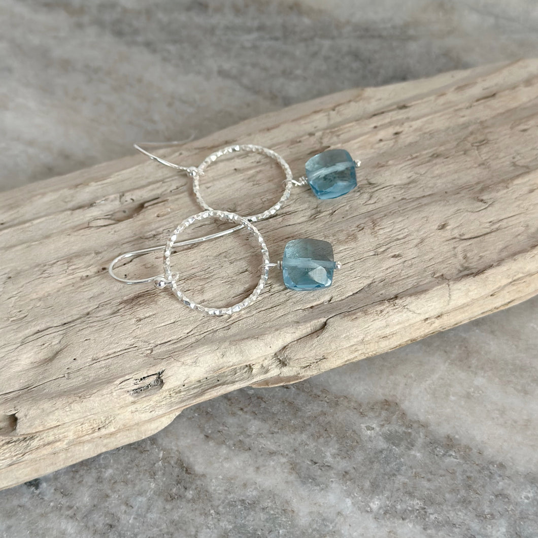 Blue Topaz Colored Quartz Crystal Earrings - Sterling silver Circle earrings with Quartz crystal squares