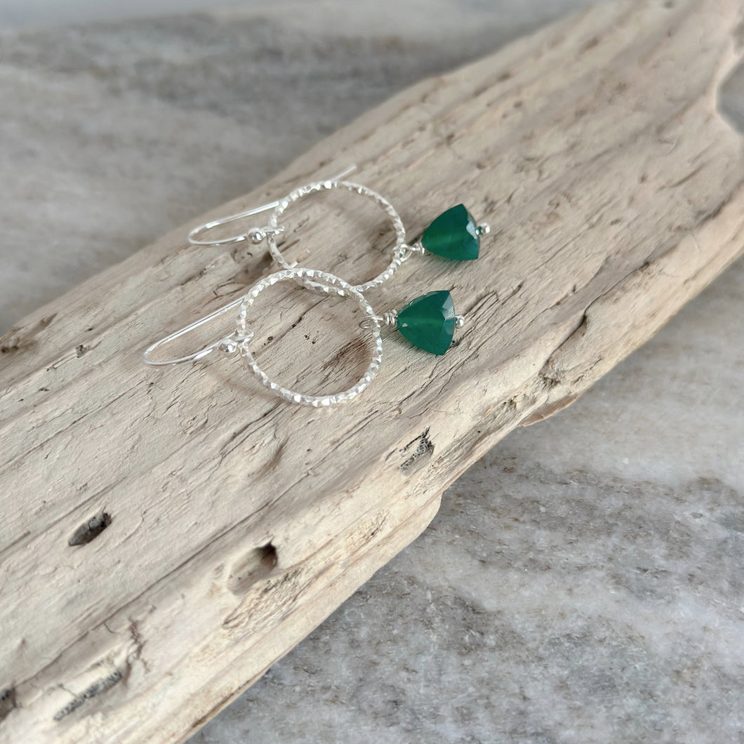 Green Onyx Earrings - Sterling silver Circle earrings with Green onyx trillion gemstone