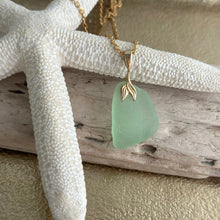 Load image into Gallery viewer, seafoam green Sea glass pendant with gold brass mermaid tail bail and stainless steel chain
