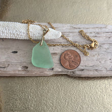 Load image into Gallery viewer, seafoam green Sea glass pendant with gold brass mermaid tail bail and stainless steel chain
