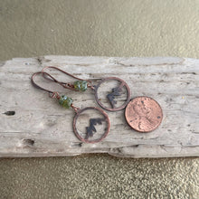 Load image into Gallery viewer, Mountain Silhouette earrings in rustic copper with green Czech glass beads - dangle earrings
