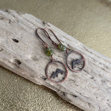 Load image into Gallery viewer, Mountain Silhouette earrings in rustic copper with green Czech glass beads - dangle earrings
