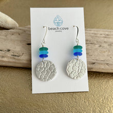 Load image into Gallery viewer, Silver circle dangle earrings with green, aqua and blue Czech glass beads - pebble texture
