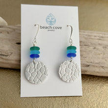 Load image into Gallery viewer, Silver circle dangle earrings with green, aqua and blue Czech glass beads - pebble texture
