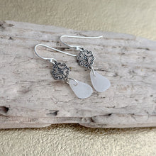 Load image into Gallery viewer, Sterling silver white sea glass earrings - silver scroll dangles
