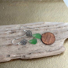 Load image into Gallery viewer, Sterling silver green sea glass earrings - silver scroll dangles
