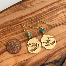 Load image into Gallery viewer, Mermaid Earrings - Gold textured brass and Teal aqua Czech glass dangle Beach earrings
