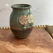 Load image into Gallery viewer, Ocean wave earrings - Gold textured bronze and Teal aqua Czech glass dangle Beach earrings
