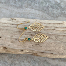 Load image into Gallery viewer, Gold leaf Earrings - Gold and Emerald Green glass dangle earrings
