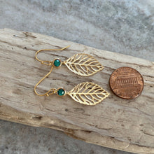 Load image into Gallery viewer, Gold leaf Earrings - Gold and Emerald Green glass dangle earrings
