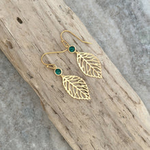 Load image into Gallery viewer, Gold leaf Earrings - Gold and Emerald Green glass dangle earrings
