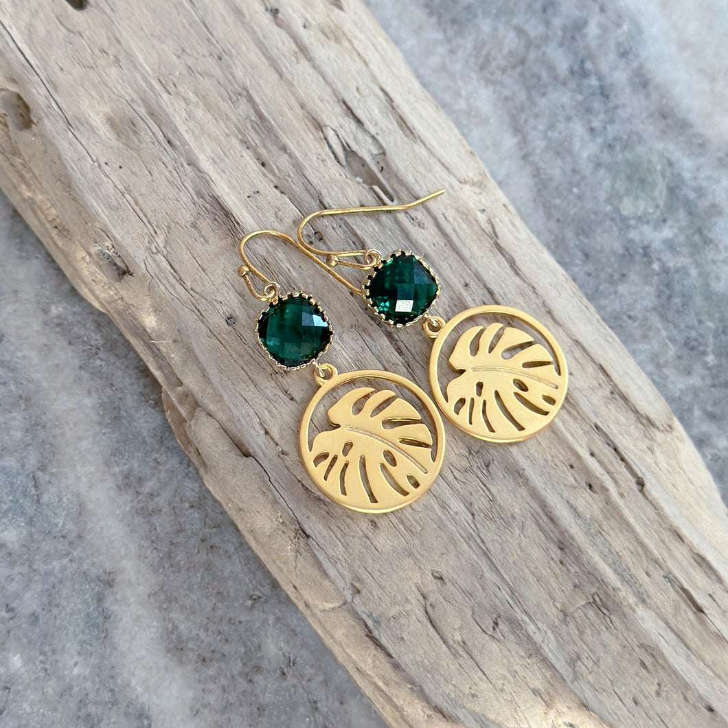 Monstera leaf Earrings - Gold and Emerald Green glass dangle earrings