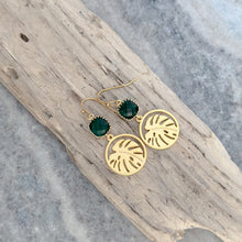 Load image into Gallery viewer, Monstera leaf Earrings - Gold and Emerald Green glass dangle earrings
