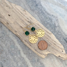 Load image into Gallery viewer, Monstera leaf Earrings - Gold and Emerald Green glass dangle earrings
