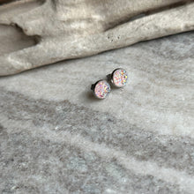 Load image into Gallery viewer, Faux druzy stud earrings - Sparkly pale pink resin stainless steel studs 8mm
