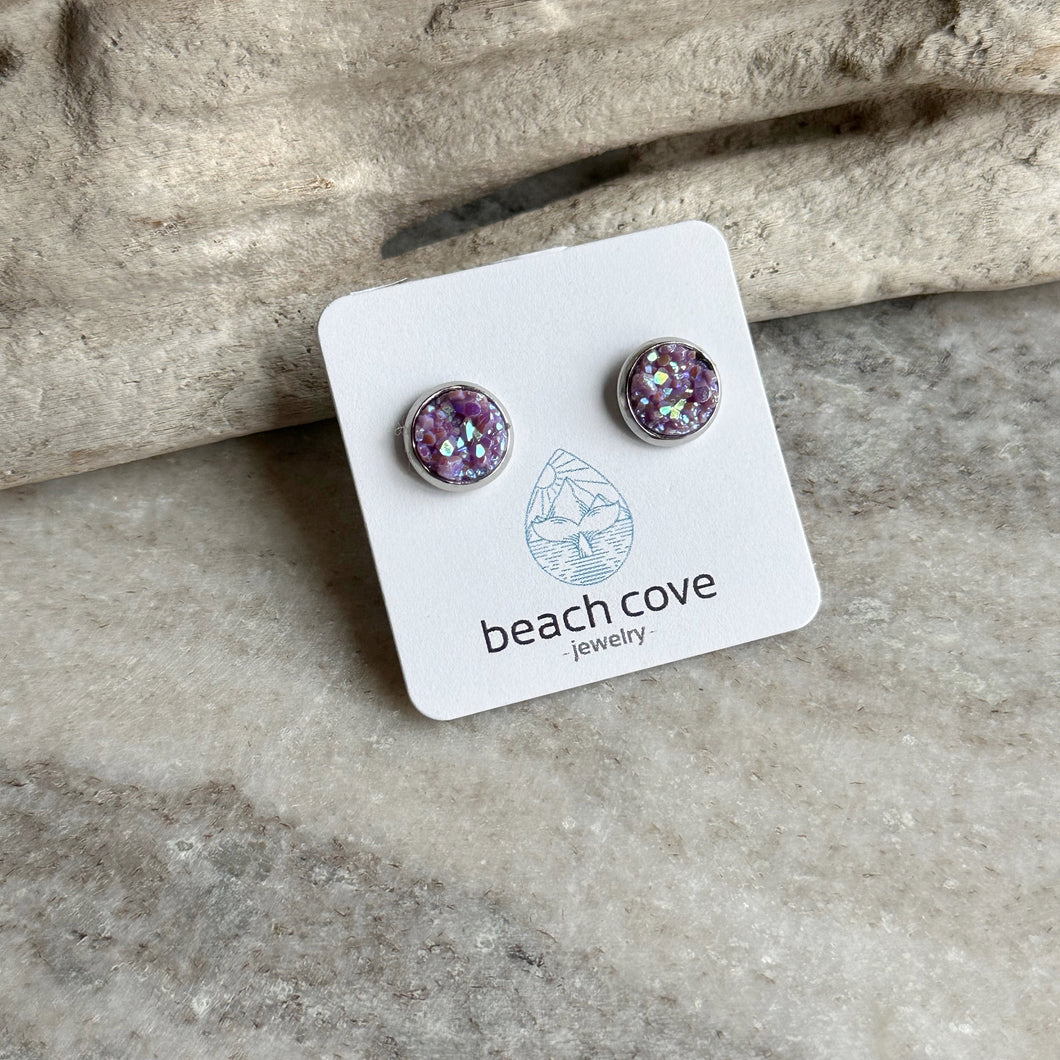 Faux druzy stud earrings - Sparkly purple resin stainless steel studs 8mm