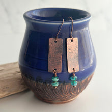 Load image into Gallery viewer, Copper textured rectangle dangle earrings with aqua teal Czech glass beads - rustic earrings
