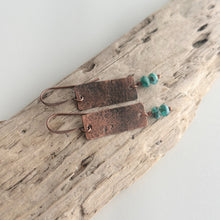 Load image into Gallery viewer, Copper textured rectangle dangle earrings with aqua teal Czech glass beads - rustic earrings
